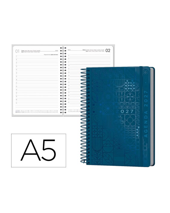 Agenda oficina liderpapel 2027 espiral syros dia pagina a5 bilingue 60g papel fsc navy blue