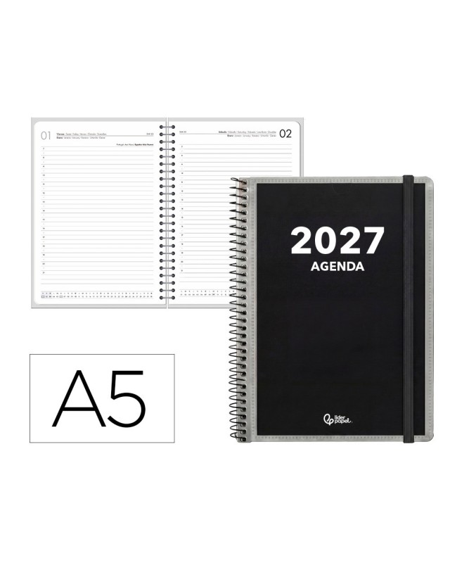 Agenda oficina liderpapel 2027 espiral personalizable dia pagina a5 bilingue 70g papel fsc design 1