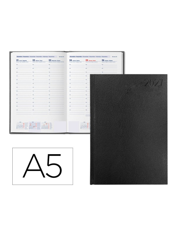 Agenda oficina liderpapel 2027 encuadernada corfu semana vista a5 bilingue 60g papel fsc black