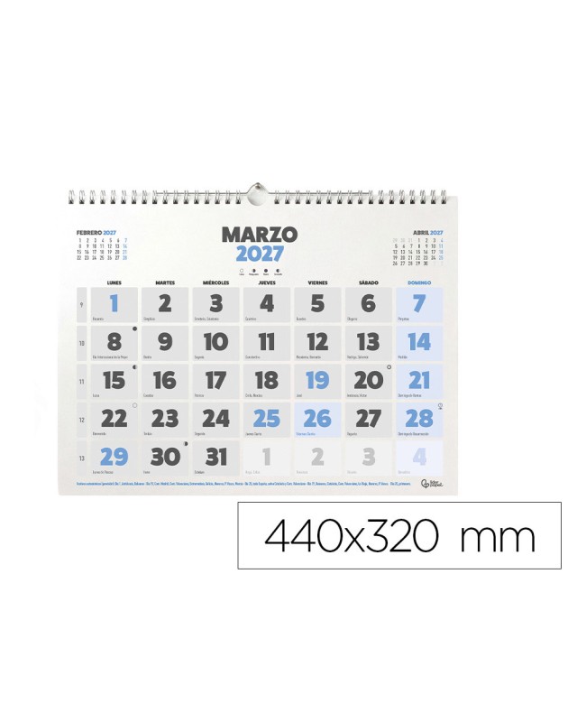 Calendario pared liderpapel clasico 2027 espiral 440x320 mm papel 128 g