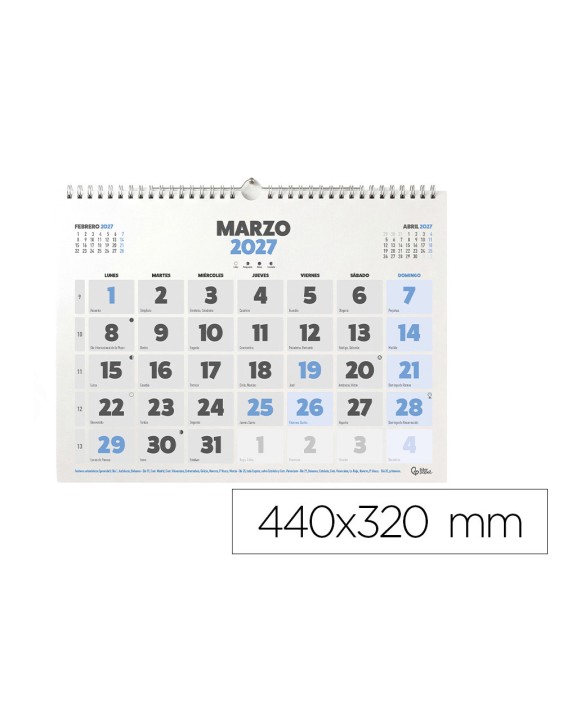 Calendario pared liderpapel clasico 2027 espiral 440x320 mm papel 128 g