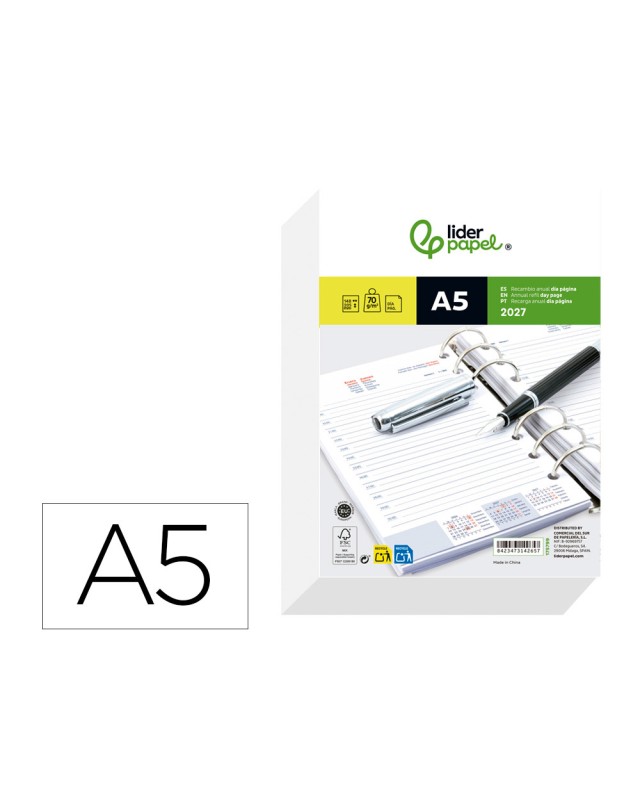 Recambio agenda anillas liderpapel 2027 din a5 148x205 mm dia pagina bilingue 70 g papel fsc