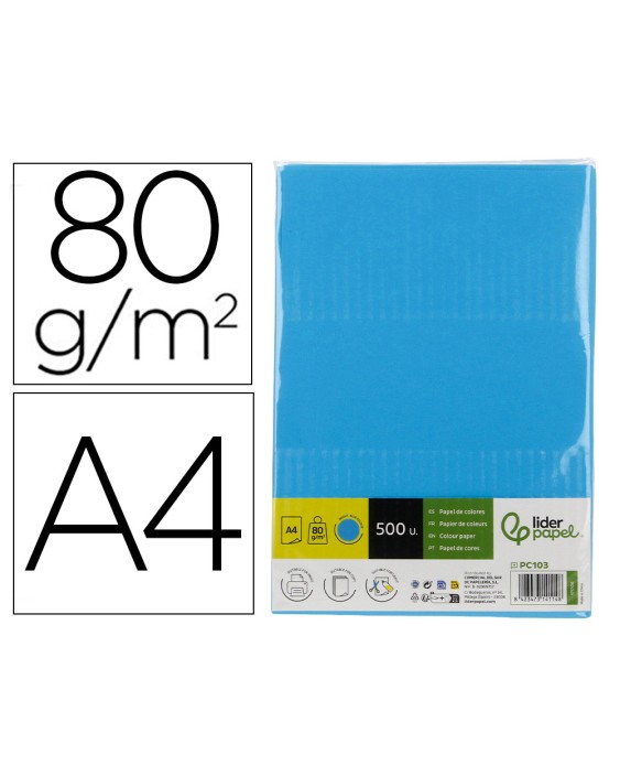 Papel color liderpapel din a4 80 gr azul intenso paquete de 500 hojas