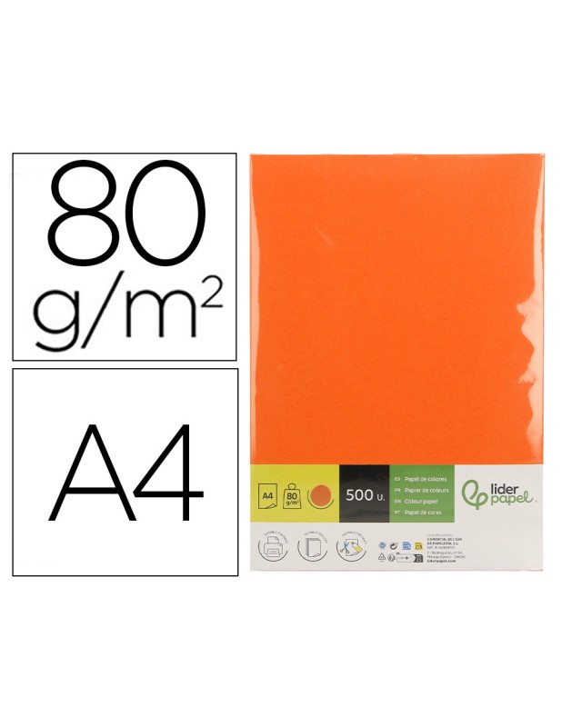 Papel color liderpapel din a4 80 gr naranja intenso paquete de 500 hojas