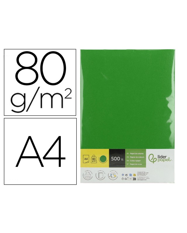Papel color liderpapel din a4 80 gr verde intenso paquete de 500 hojas