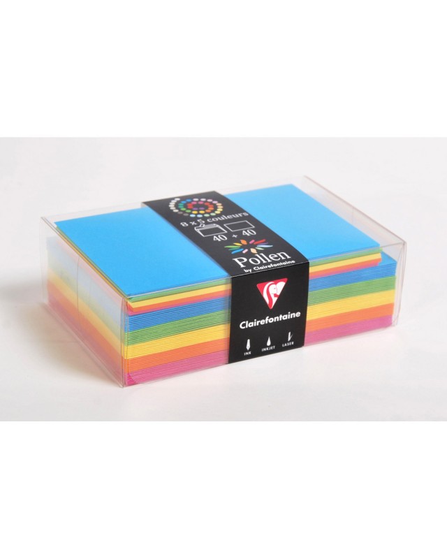Sobre clairefontaine pollen 90x140 mm + tarjeta visita 82x128 mm pack de 40 unidades 5 colores surtidos