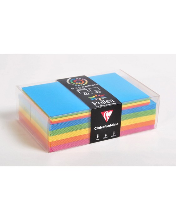 Sobre clairefontaine pollen 90x140 mm + tarjeta visita 82x128 mm pack de 40 unidades 5 colores surtidos