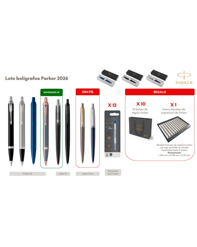 Lote boligrafos parker 6+2 unidades gratis + 12 recambios azul con obsequio bandeja expositora y 10 bolsas regalo