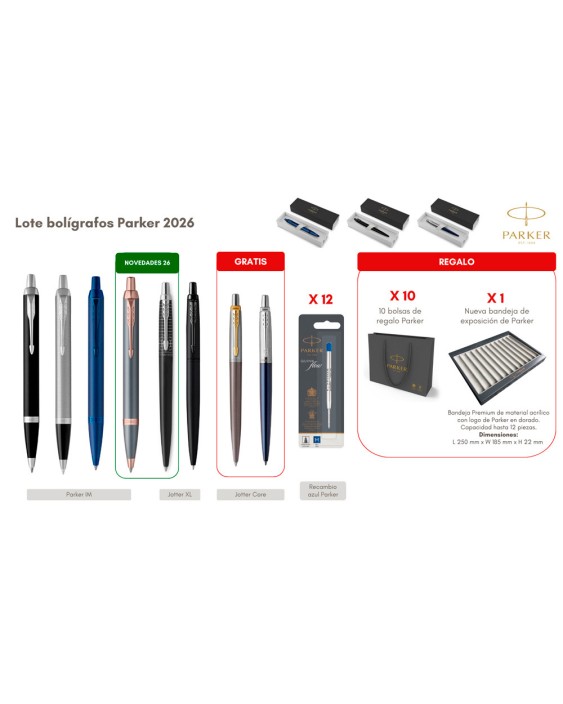 Lote boligrafos parker 6+2 unidades gratis + 12 recambios azul con obsequio bandeja expositora y 10 bolsas regalo