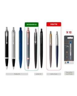 Lote boligrafos parker 6+2 unidades gratis + 12 recambios azul con obsequio bandeja expositora y 10 bolsas regalo