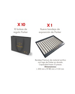 Lote boligrafos parker 6+2 unidades gratis + 12 recambios azul con obsequio bandeja expositora y 10 bolsas regalo