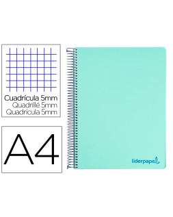 Cuaderno espiral liderpapel a4 micro wonder tapa plastico 120h 90 gr cuadro 5mm 5 banda 4 taladro color verde turquesa