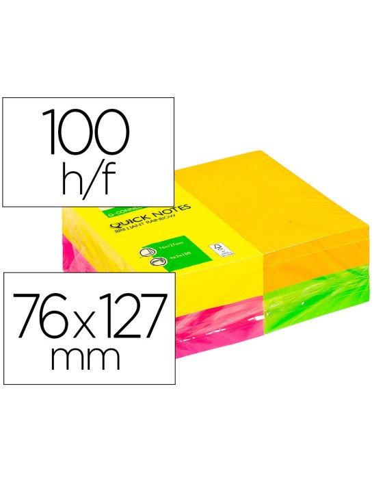 Bloc de notas adhesivas quita y pon q-connect 127x76 mm fsc 100 hojas fluorescentes pack de 12 -surtidas en 4 colores