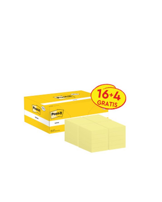 Bloc de notas adhesivas quita y pon post-it amarillo canario 38x51 mm pack promocional 16+4 gratis