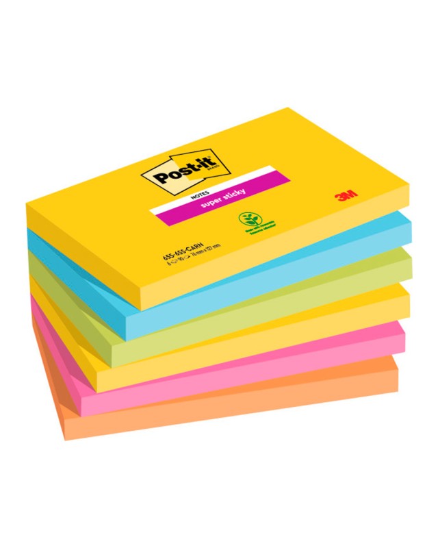 Bloc de notas adhesivas quita y pon post it super sticky carnival 100% pefc 76x127 mm pack de 6 blocs colores