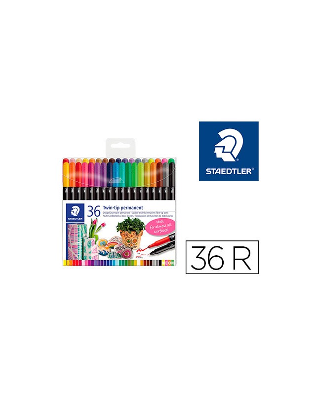 Rotulador staedtler permanente doble punta 3187 estuche de 36 unidades colores surtidos