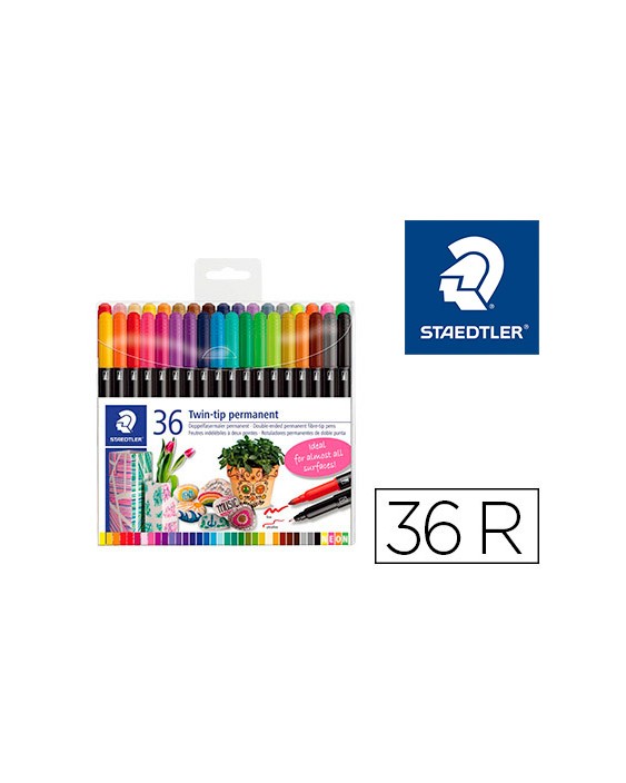 Rotulador staedtler permanente doble punta 3187 estuche de 36 unidades colores surtidos