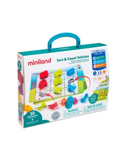 Juego miniland 36 vehiculos y 5 fichas de actividad a doble cara para logica matematica 310x70x531 mm