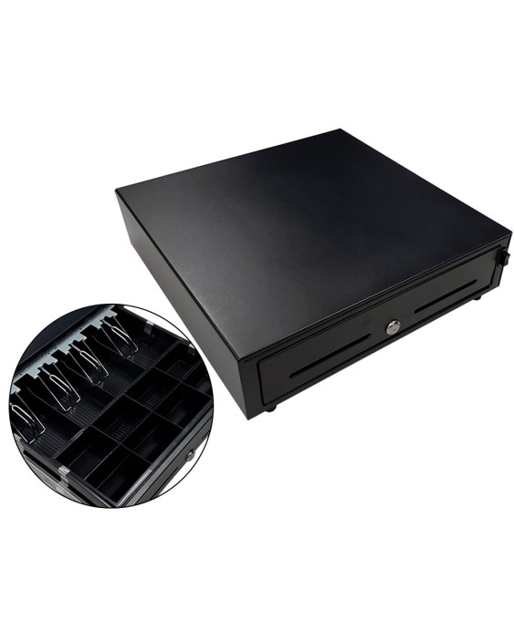 Cajon portamonedas 8 monederos 4 billeteros apertura manual y llave color negro 410x415x110 mm