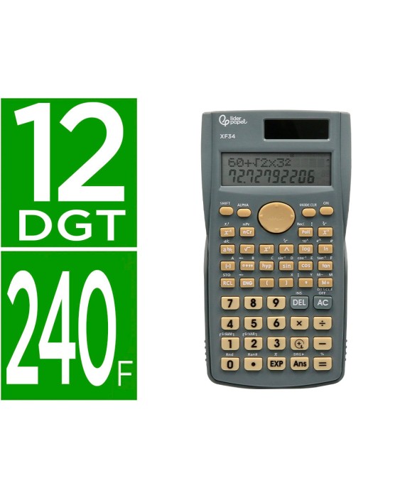Calculadora liderpapel cientifica xf34 12 digitos 240 funciones con tapa solar y pilas color gris 156x85x20