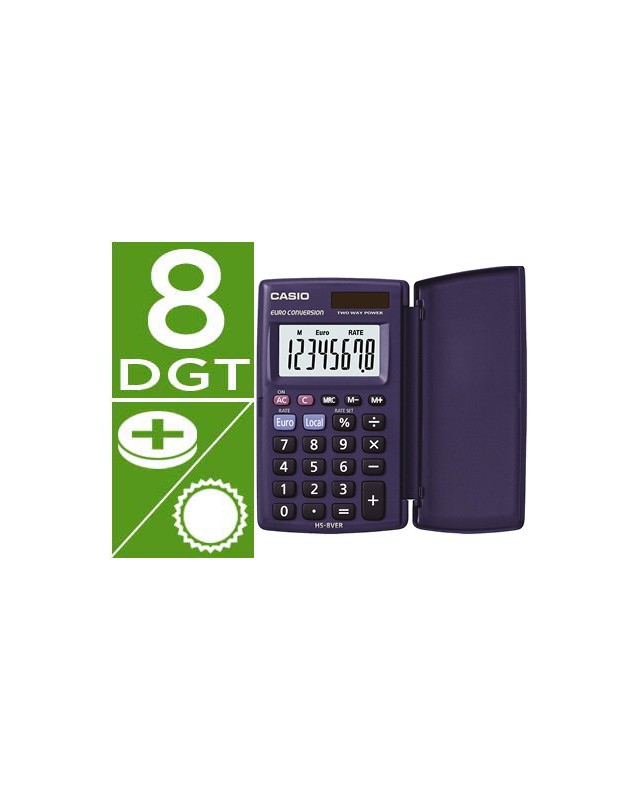 Calculadora casio hs-8ver bolsillo 8 digitos conversion moneda con tapa color azul