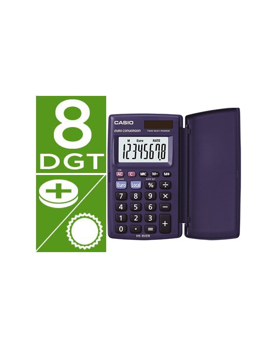 Calculadora casio hs-8ver bolsillo 8 digitos conversion moneda con tapa color azul