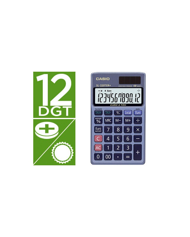 Calculadora casio sl-320ter bolsillo 12 digitos tax +/- conversion moneda tecla doble cero color azul