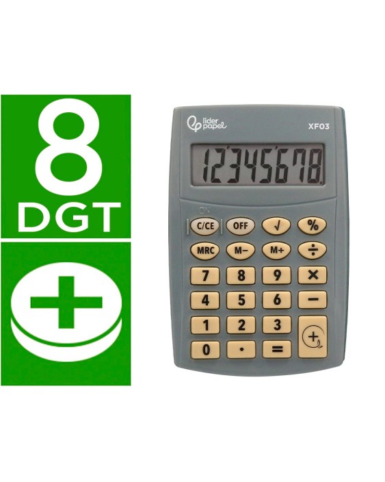 Calculadora liderpapel bolsillo xf03 8 digitos pilas color gris 99x64x9 mm