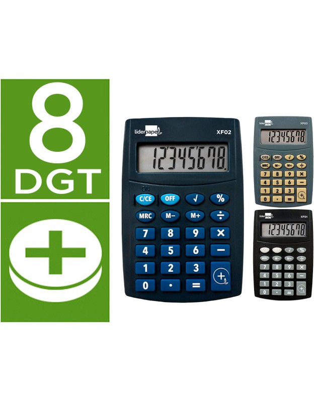 Calculadora liderpapel bolsillo xf04 8 digitos pilas 99x64x9 mm expositor de 16 unidades colores surtidos