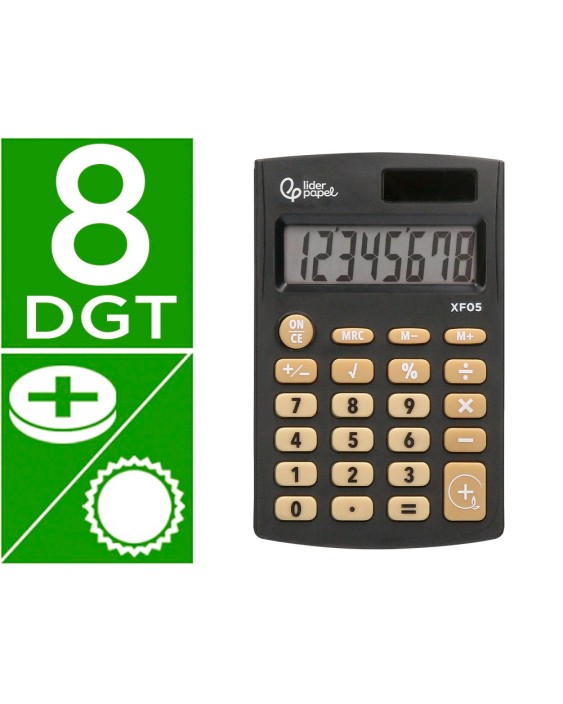 Calculadora liderpapel bolsillo xf05 8 digitos solar y pilas color negro 98x62x8 mm