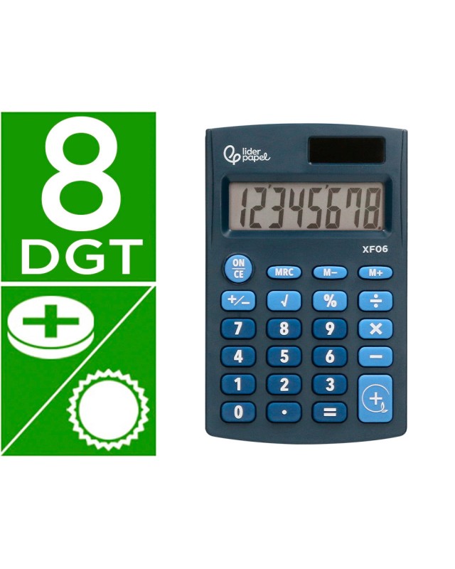 Calculadora liderpapel bolsillo xf06 8 digitos solar y pilas color azul 98x62x8 mm