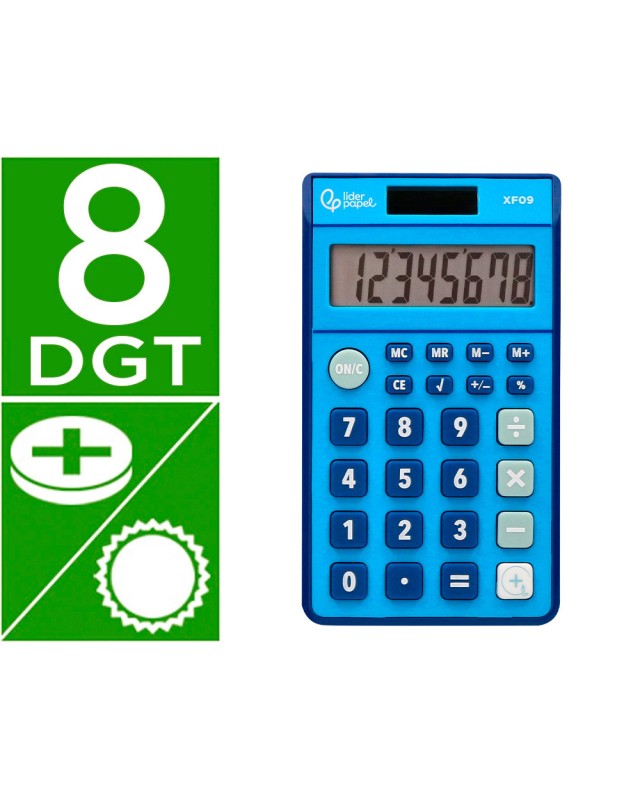 Calculadora liderpapel bolsillo xf09 8 digitos solar y pilas color azul 115x65x8 mm