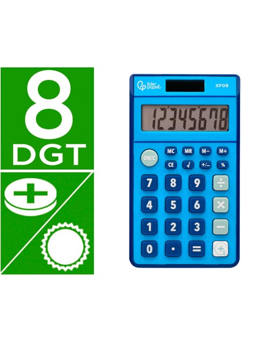 Calculadora liderpapel bolsillo xf09 8 digitos solar y pilas color azul 115x65x8 mm