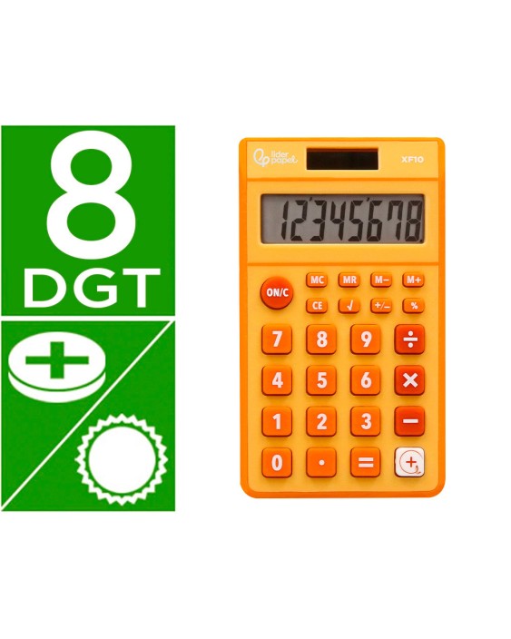 Calculadora liderpapel bolsillo xf10 8 digitos solar y pilas color naranja 115x65x8 mm
