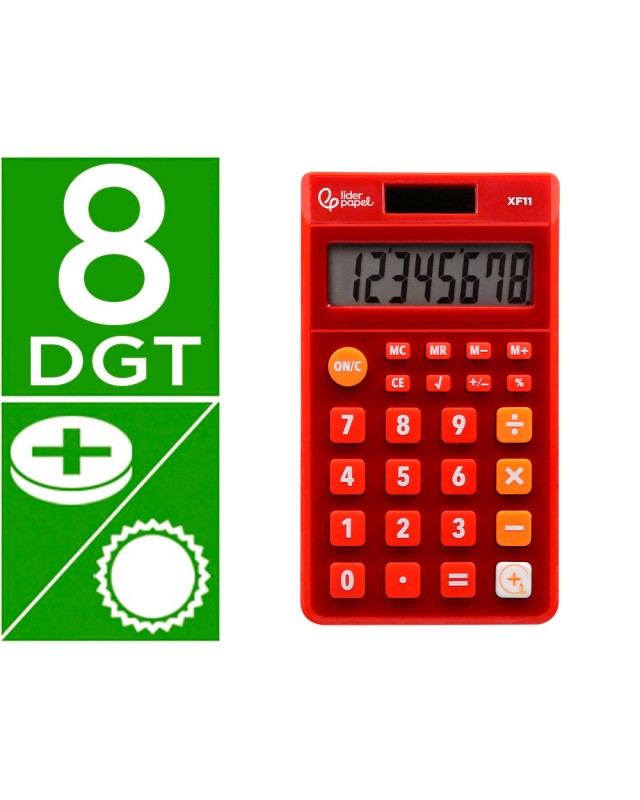 Calculadora liderpapel bolsillo xf11 8 digitos solar y pilas color rojo 115x65x8 mm