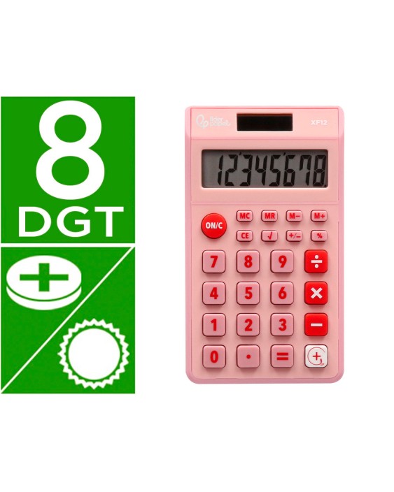 Calculadora liderpapel bolsillo xf12 8 digitos solar y pilas color rosa 115x65x8 mm