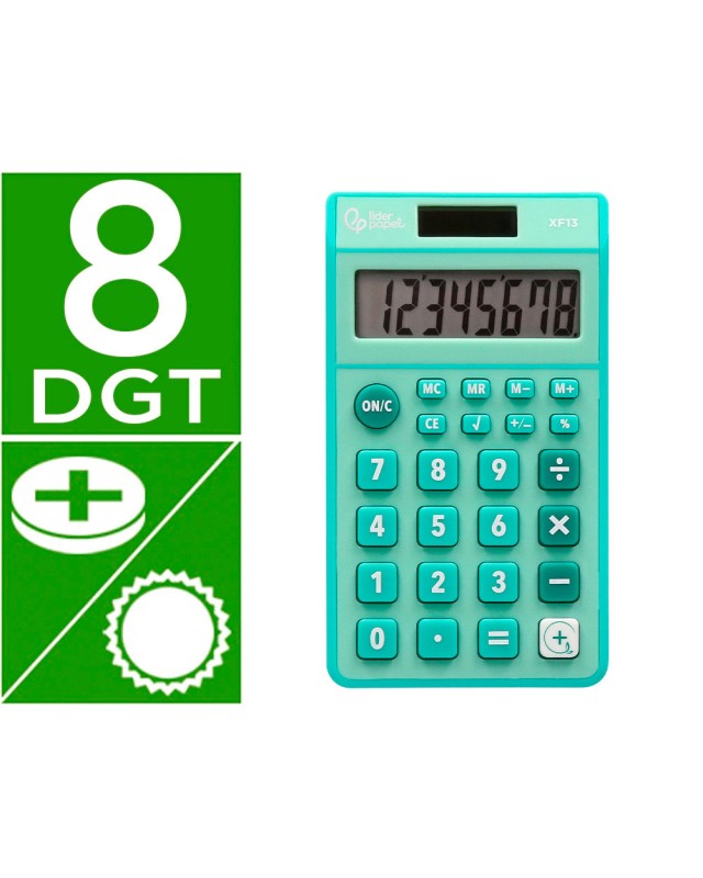 Calculadora liderpapel bolsillo xf13 8 digitos solar y pilas color verde 115x65x8 mm