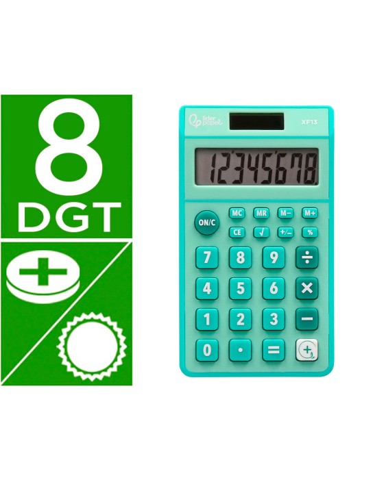 Calculadora liderpapel bolsillo xf13 8 digitos solar y pilas color verde 115x65x8 mm