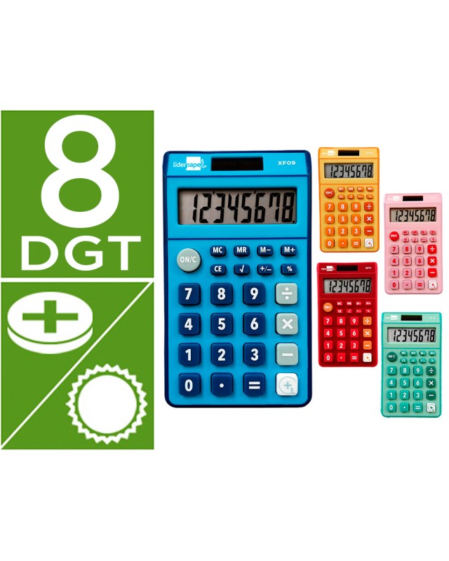 Calculadora liderpapel bolsillo xf14 8 digitos solar y pilas 115x65x8 mm expositor de 16 unidades colores