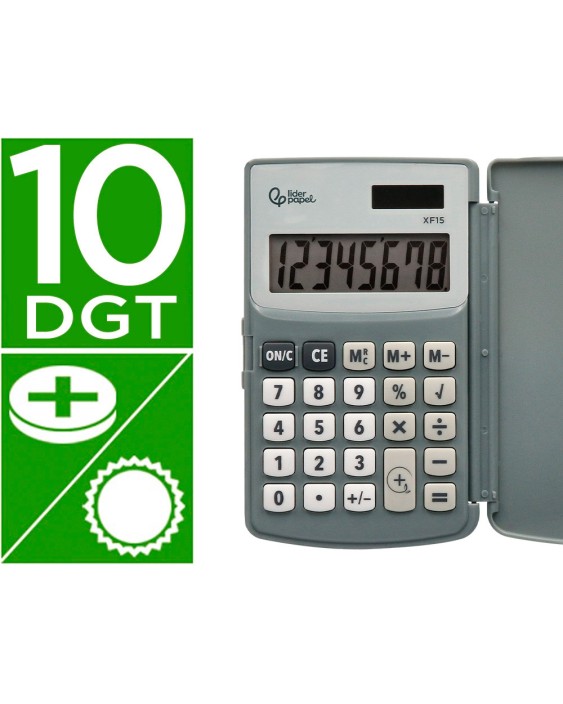 Calculadora liderpapel bolsillo xf15 10 digitos con tapa solar y pilas color gris 123x75x12 mm