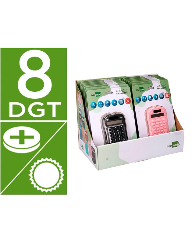 Calculadora liderpapel bolsillo xf44 8 digitos solar y pilas 94x59,5x10,5mm coloresnegro verde rosa exp de 16