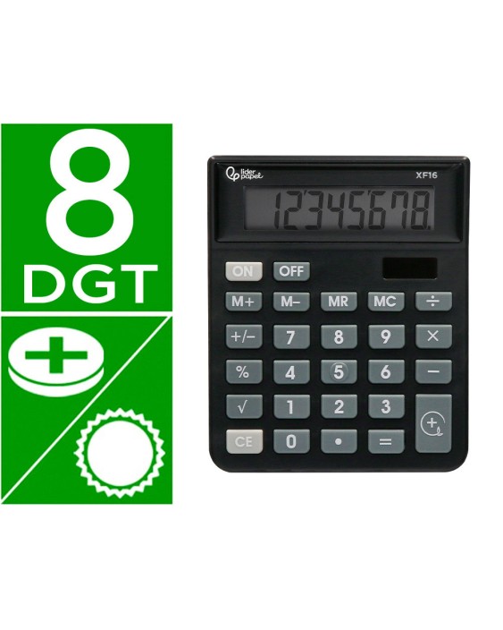 Calculadora liderpapel sobremesa xf16 8 digitos solar y pilas color negro 127x105x24 mm