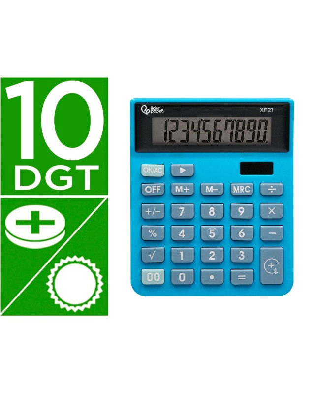Calculadora liderpapel sobremesa xf21 10 digitos solar y pilas color azul 127x105x24 mm