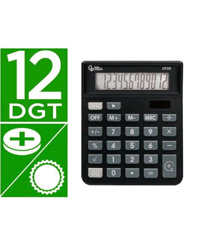 Calculadora liderpapel sobremesa xf26 12 digitos solar y pilas color negro 127x105x24 mm