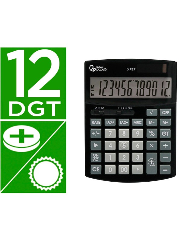 Calculadora liderpapel sobremesa xf27 12 digitos tasas solar y pilas color negro 155x115x25 mm