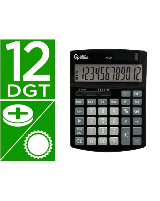 Calculadora liderpapel sobremesa xf27 12 digitos tasas solar y pilas color negro 155x115x25 mm