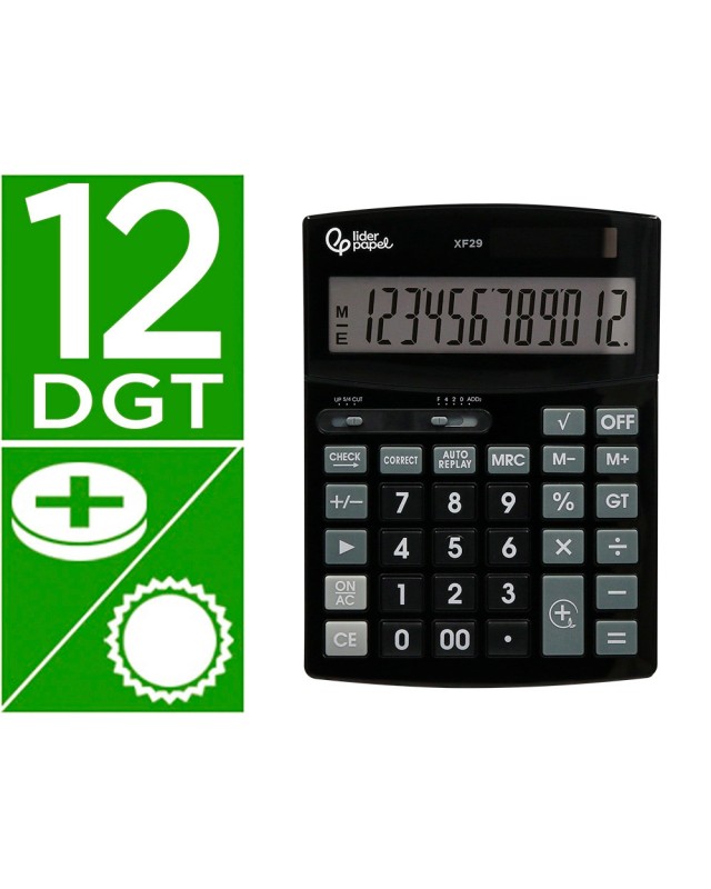 Calculadora liderpapel sobremesa xf29 12 digitos solar y pilas color negro 190x140x30 mm