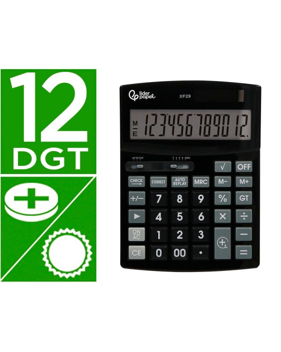 Calculadora liderpapel sobremesa xf29 12 digitos solar y pilas color negro 190x140x30 mm