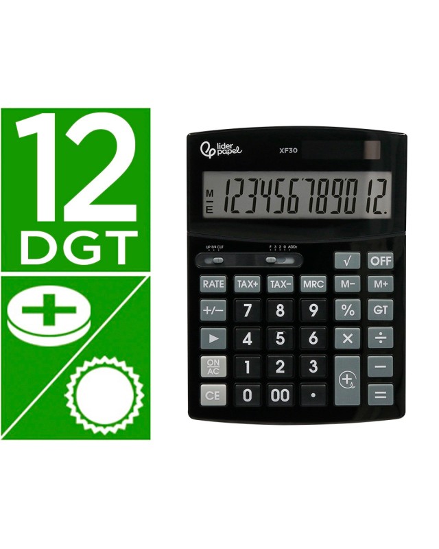 Calculadora liderpapel sobremesa xf30 12 digitos tasas solar y pilas color negro 190x140x30 mm