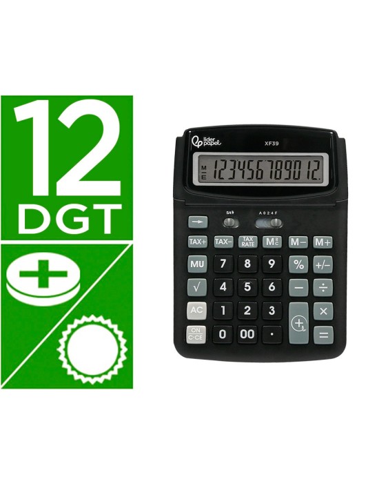 Calculadora liderpapel sobremesa xf39 12 digitos solar y pilas color negro 190x140x32 mm 40% reciclada